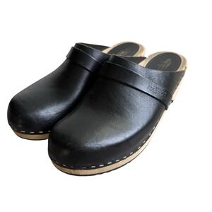 Swedish Hasbeens Black Leather Clogs
